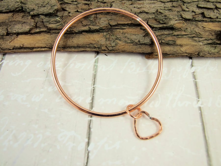 Copper Stacking Bangle with Wire Heart Charm 
