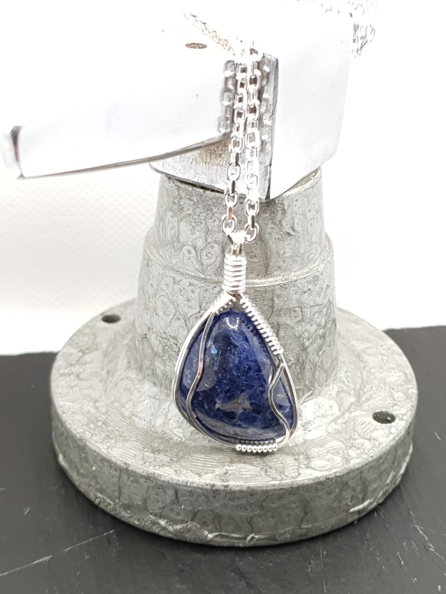 Silver Wire Wrapped Sodalite Crystal, Sterling Silver Chain