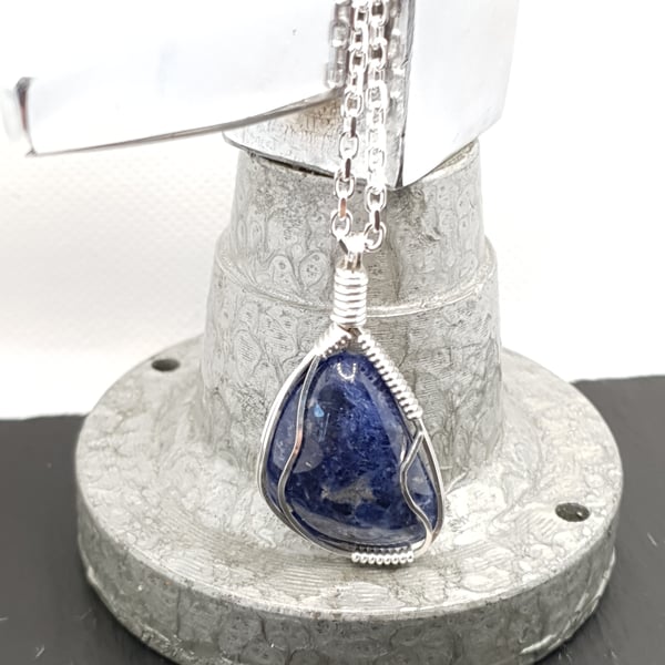 Silver Wire Wrapped Sodalite Crystal, Sterling Silver Chain