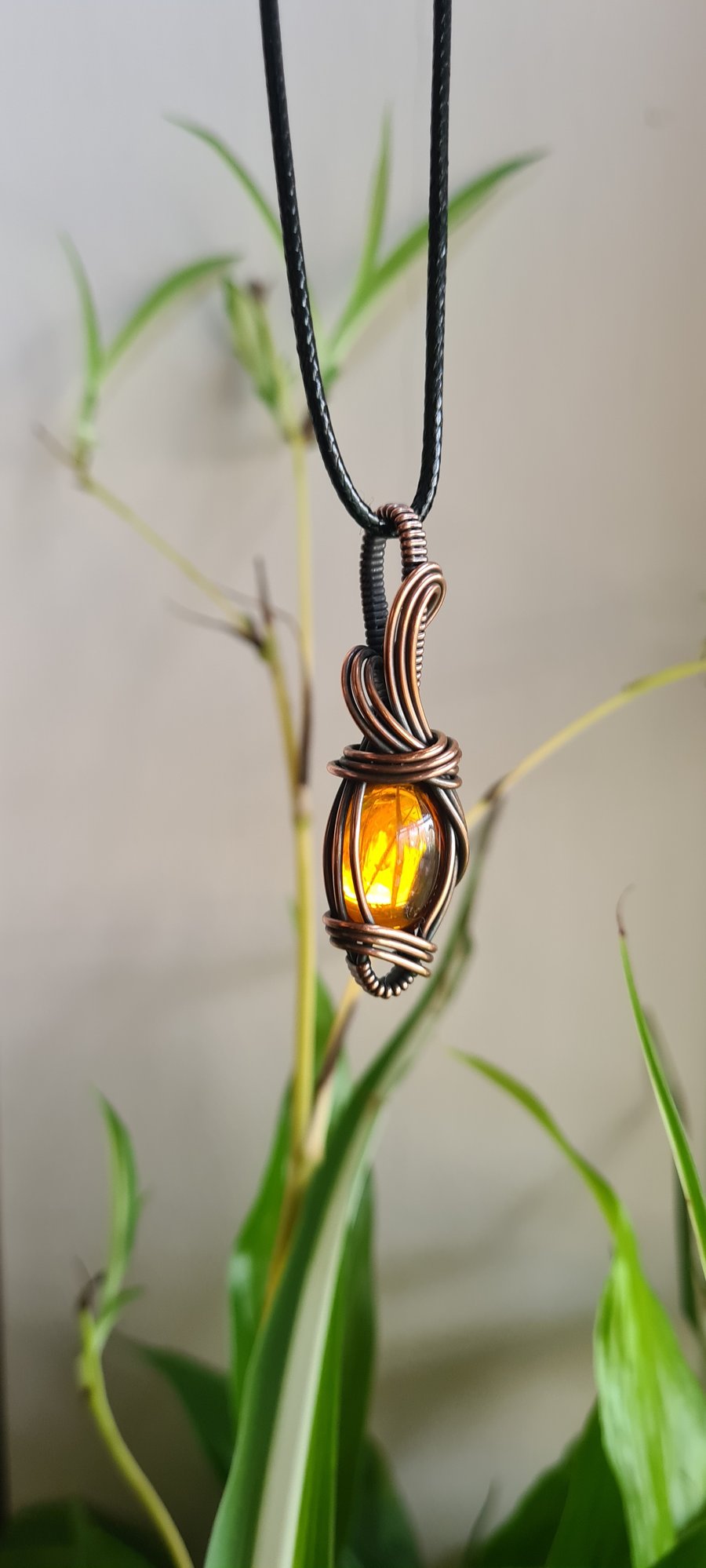 Yellow Amber Glass & Copper Wire Wrap Pendant Necklace Gift Handmade Jewellery