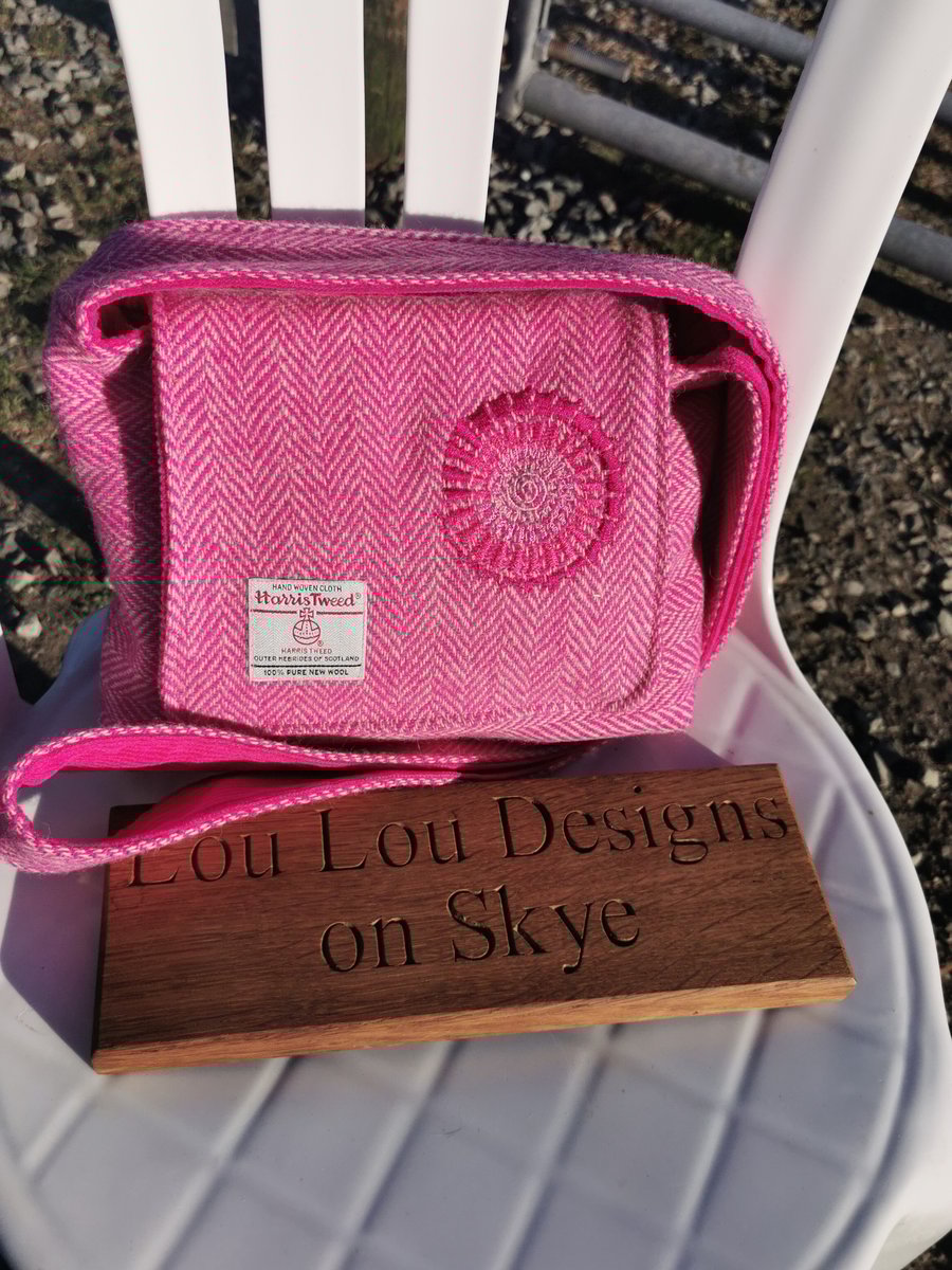 Harris Tweed crossbody bag with embroidered spiral