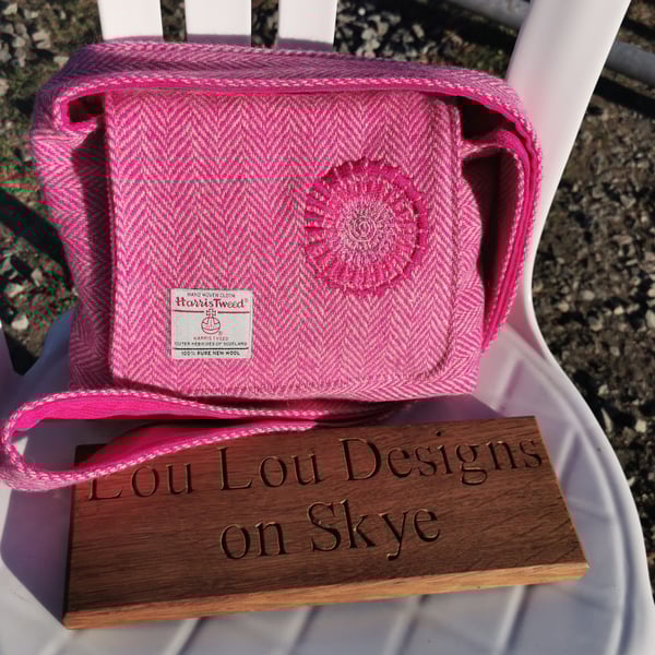 Harris Tweed crossbody bag with embroidered spiral