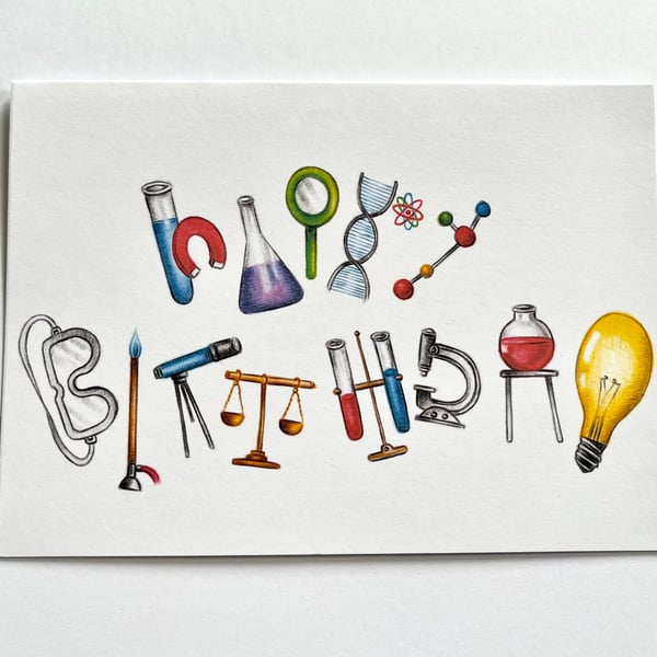 Birthday card for scientist - science equipment spelling out Happy Birthday