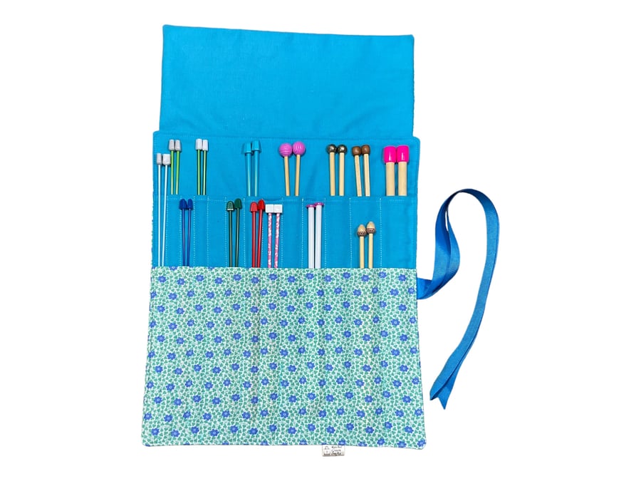 Liberty floral print Straight knitting needle case, needle roll, ribbon tie 