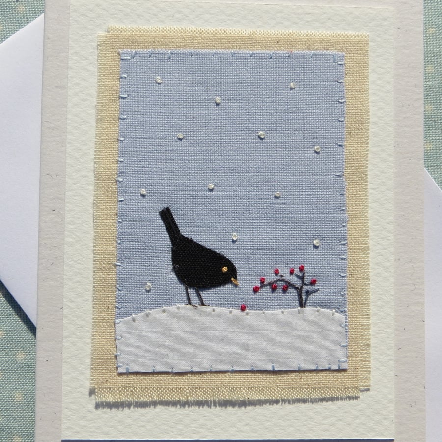 Hand-stitched miniature on card entitled 'Winter Blackbird' a card to keep!