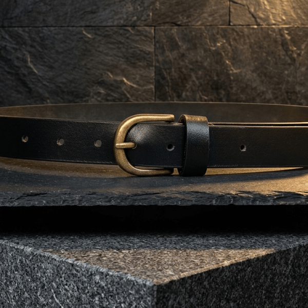 Black Full Grain Leather Belt Antique Brass Buckle Womens Belt 25mm 1 Inch