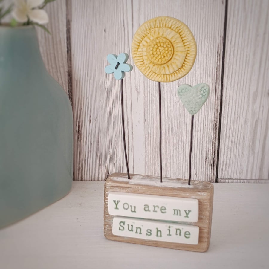 Clay Sunny Garden in a Wood Block 'You are my Sunshine'