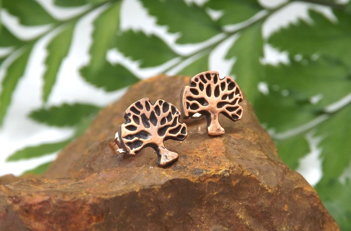 Recycled Copper Tree Of Life Stud Earrings.