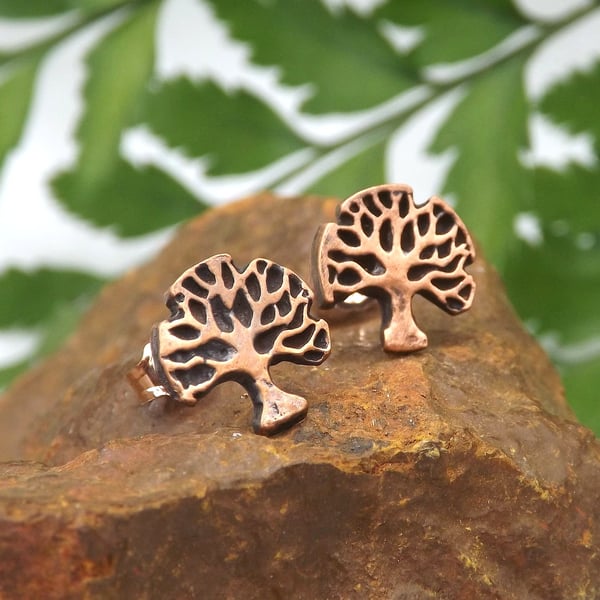 Recycled Copper Tree Of Life Stud Earrings.