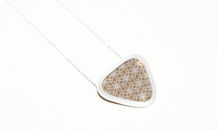 Silver and bronze triangle necklace - flower pattern