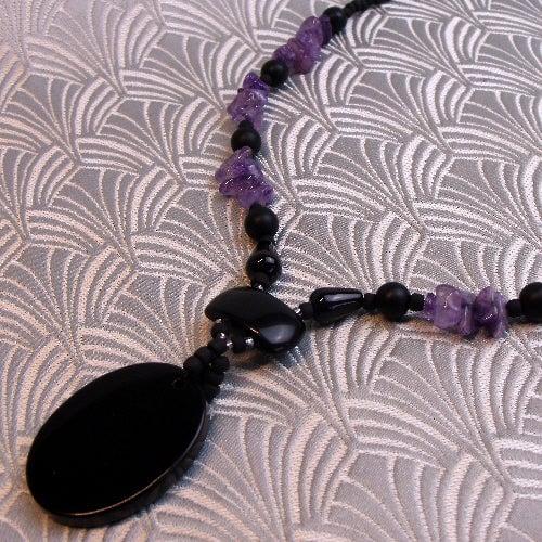 Black Onyx Necklace, Black Purple Necklace, Black Pendant Necklace spsA14