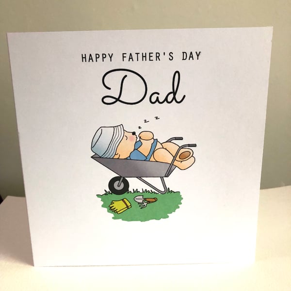 Father's Day Card With Sleeping Bear In a Wheelbarrow Garden Setting