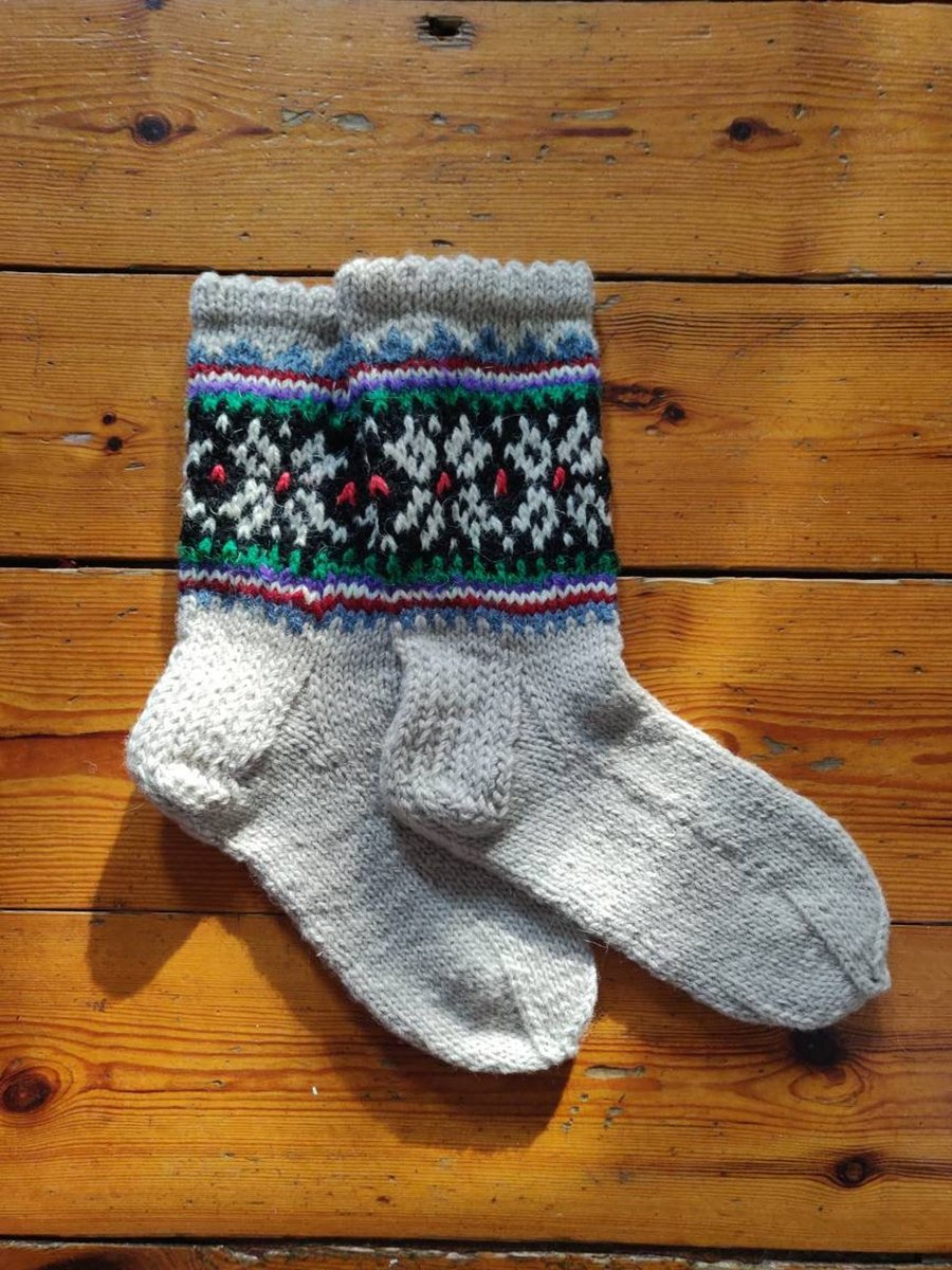 Handknit thick rustic wool socks fairisle traditional nordic winter