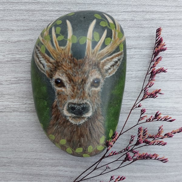 King of the Wood Red Deer Stag painted pebble