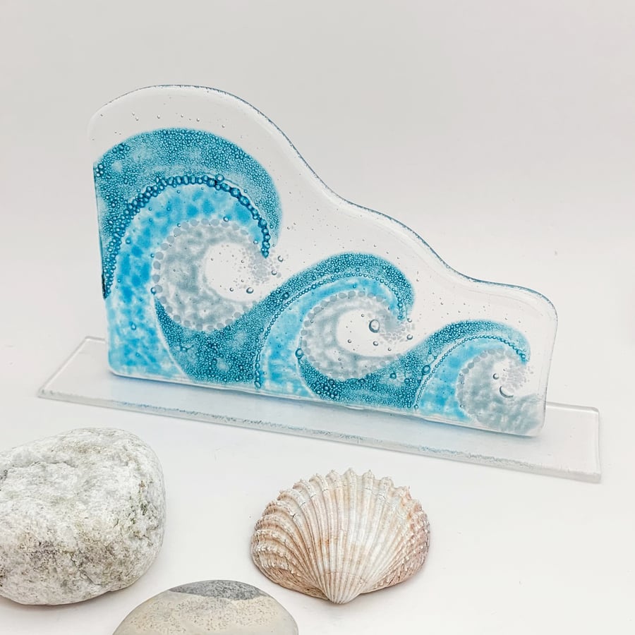 Fused Glass Freestanding Wave - Handmade Glass Sculpture