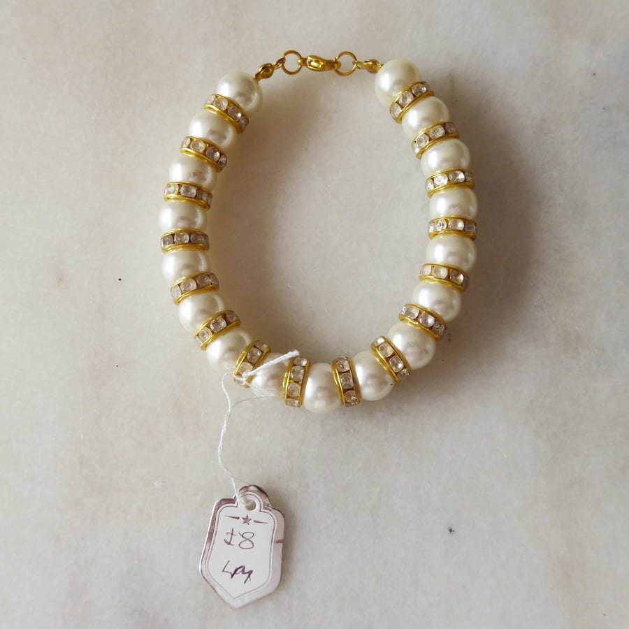 Faux Pearl and Rhinestone Gold and Ivory Bracelet - Summer Seconds