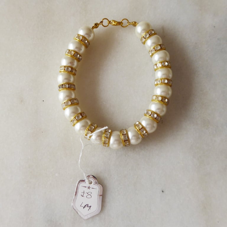 Faux Pearl and Crystal Gold and Ivory Bracelet - Summer Seconds