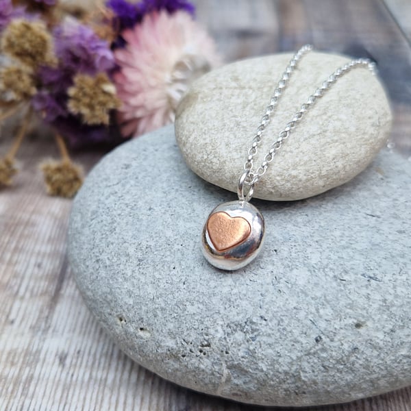 Sterling Silver Pebble and Copper Heart Necklace