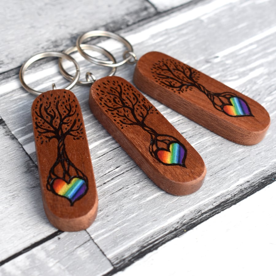 Tree of the heart. Pyrography rainbow heart keyring with note to reverse. 