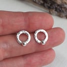 Recycled Silver ring stud earrings, hammered silver ring hoop studs 