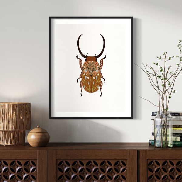 Botanical Floral Stag Beetle Illustrated Art Print