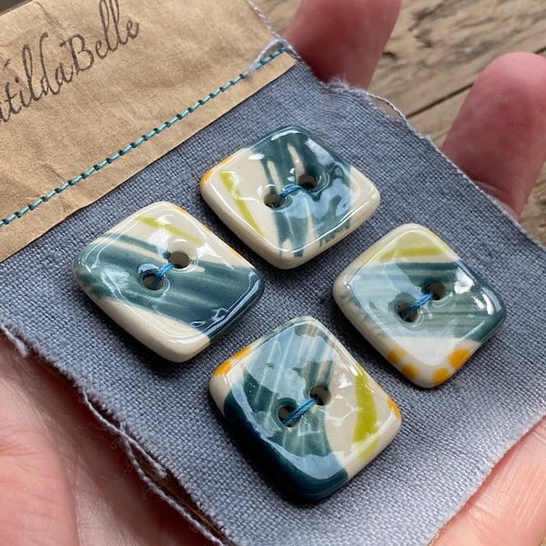 Buttons handmade ceramic set of four square buttons teal