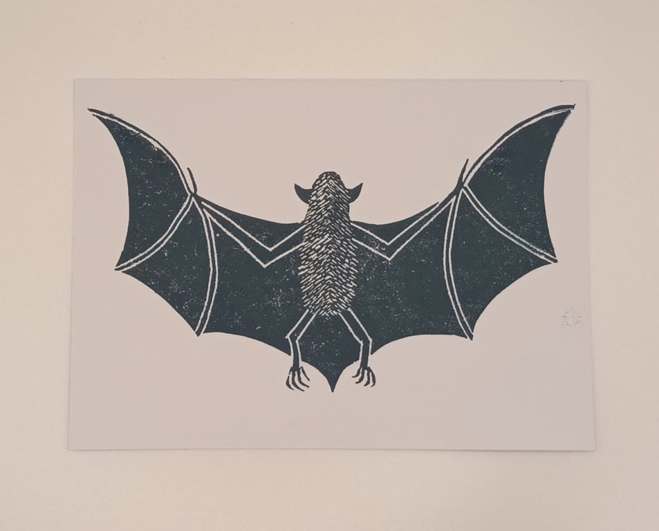 A6 Postcard, Bat linocut, hand printed