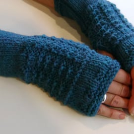 Fingerless Gloves Mittens Wrist Warmers in Deep Teal Green Aran Wool