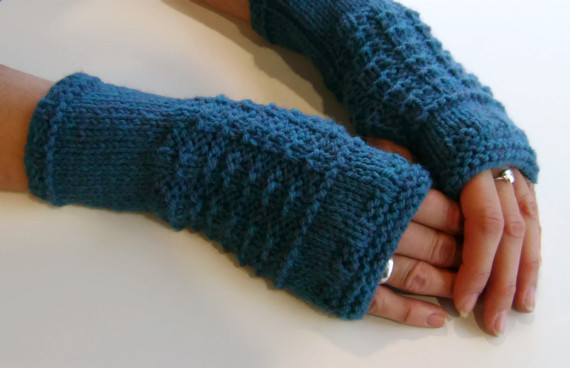 Fingerless Gloves Mittens Wrist Warmers in Deep Teal Green Aran Wool