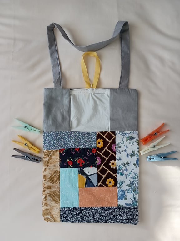 Patchwork peg bag. Multicoloured large peg bag with shoulder strap. 