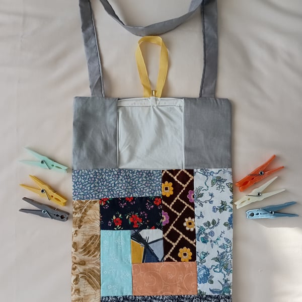 Patchwork peg bag. Multicoloured large peg bag with shoulder strap. 