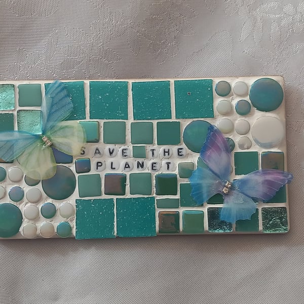 Save the Planet mosaic wall plaque with butterflies.