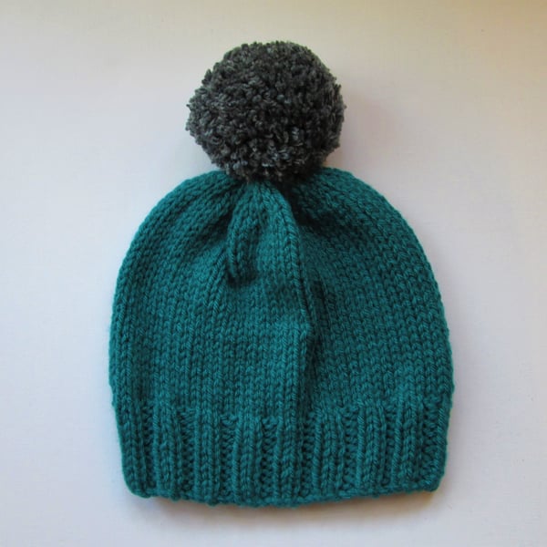 Bobble Hat in Petrol Green Chunky Yarn with Grey Pom Pom