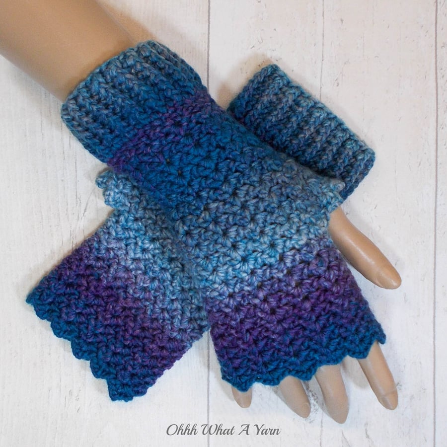 Blue and purple ladies crochet gloves, finger less gloves.  Fingerless mitts. 