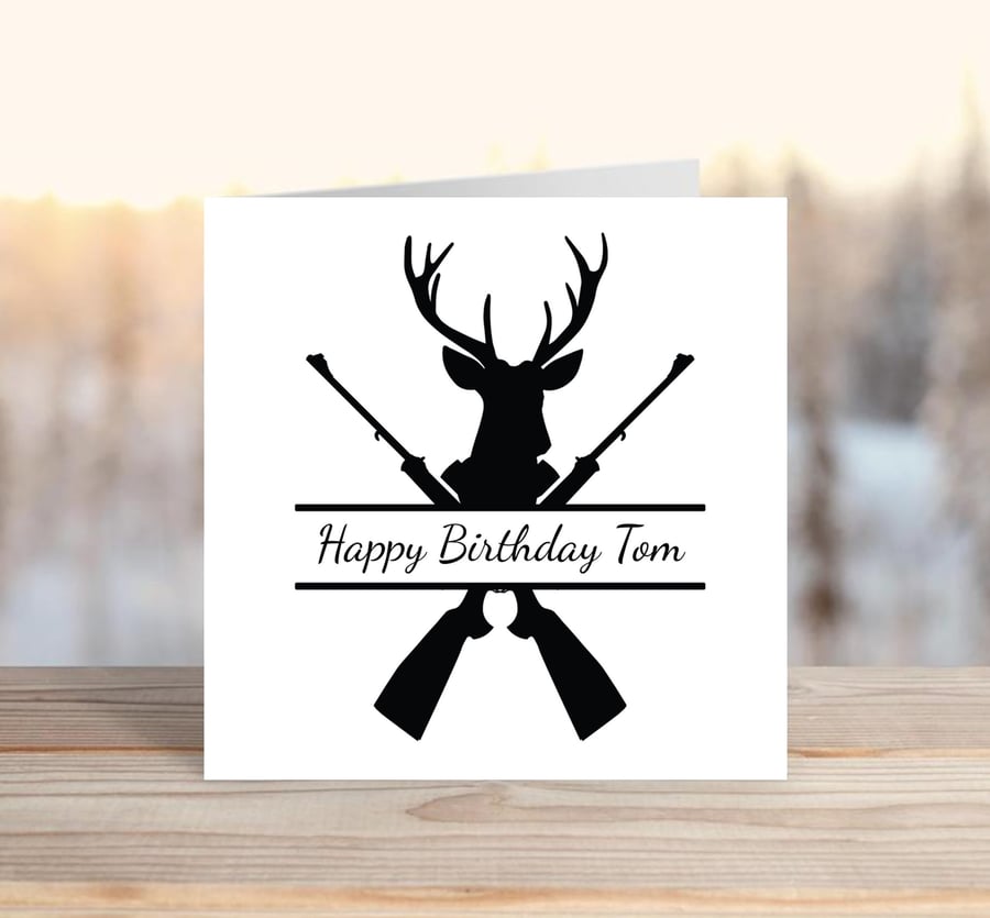 Stag & Gun, black and white style personalised greetings card