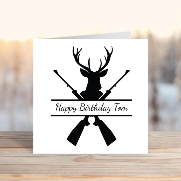 Stag & Gun, black and white style personalised greetings card