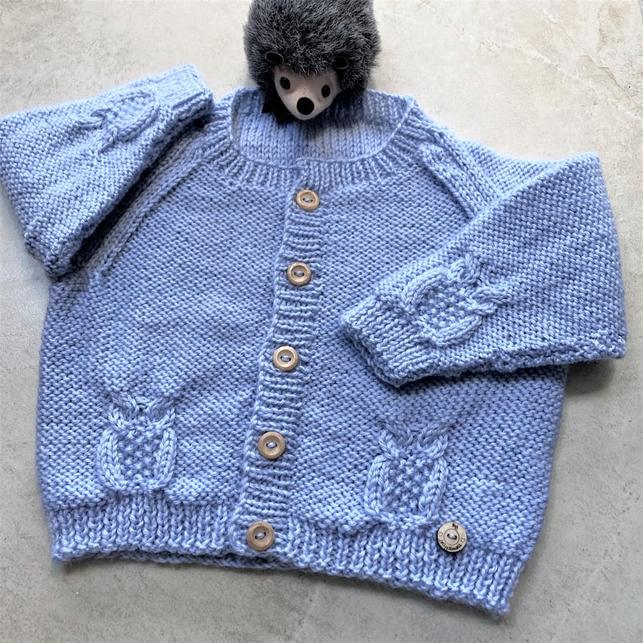 Baby boy's hand knitted cardigan in pale blue 100% wool - 6-12 months
