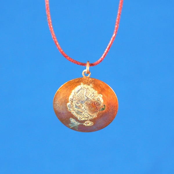FLower and bird Circular Copper and Silver Pendant