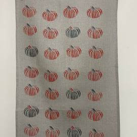 Linen Hand Printed Pumpkin Tea Towel Homemade Quality