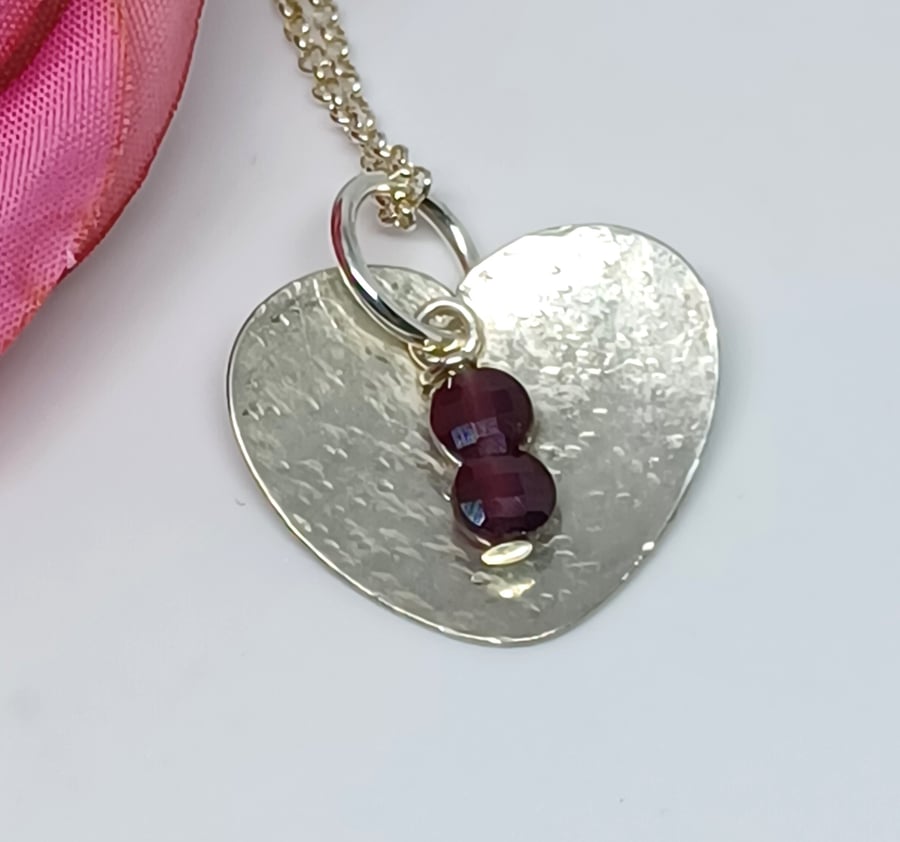 Sterling Silver Heart Pendant, Garnet and Silver Pendant, Garnet Heart Pendant, 