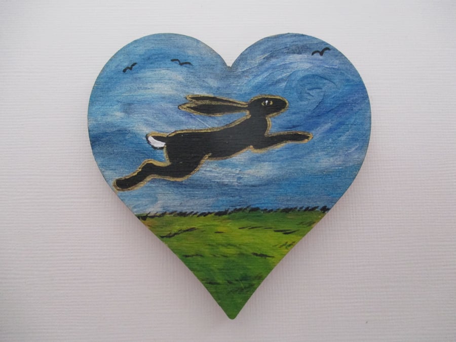 Bunny Rabbit Painted Love Heart Magnet Wooden Wood Original Art Picture