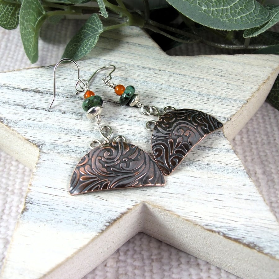 Earrings, Sterling Silver and Copper Half Circles with Turquoise and Carnelian