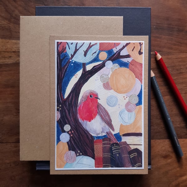 Sorting yarn and listening to a robin's song - blank card from original artwork 