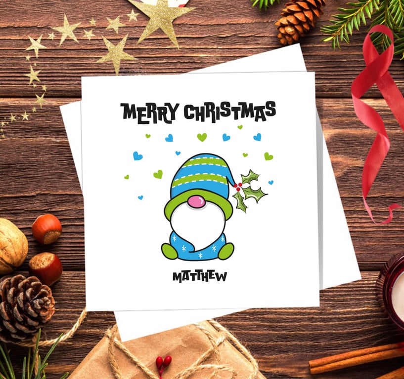 Gonk Christmas Card, blue, personalised, blank inside