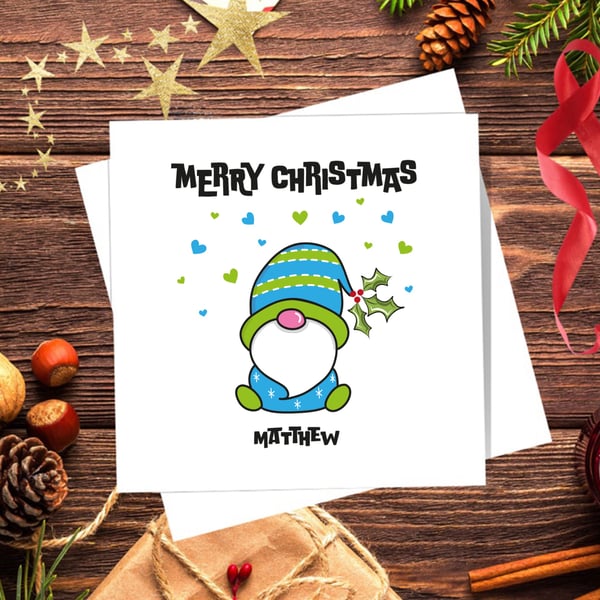 Gonk Christmas Card, blue, personalised, blank inside