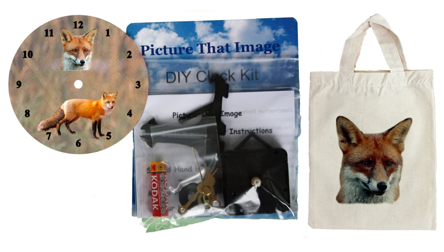 DIY 12cm Clock Kit Gift Set - Fox in a Canvas Bag with a similar Motif