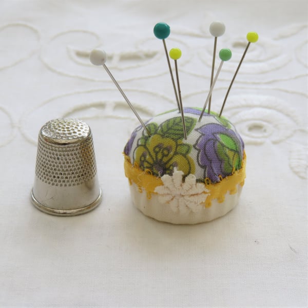 Very Tiny Yellow and Green Pincushion from recycled materials