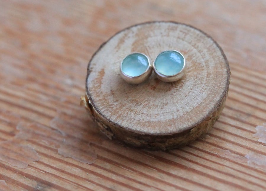 Aqua Stone Earrings - Cabochon Aqua Chalcedony - Handmade Stud Earrings