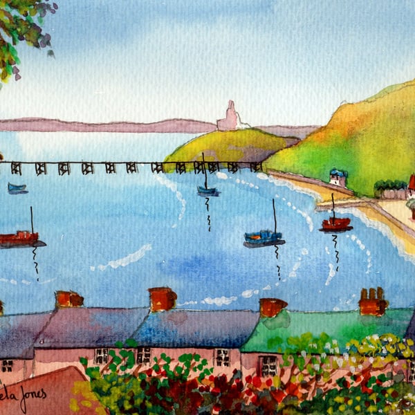 Mumbles Over The Houses, South Wales, Original Watercolour in 14 x 11'' Mount. 