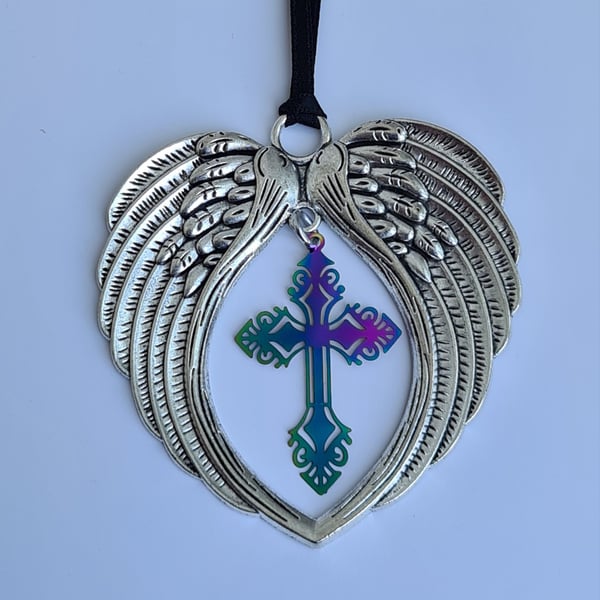 Angel Wings with Filigree Multicoloured Cross Hanging Decoration 